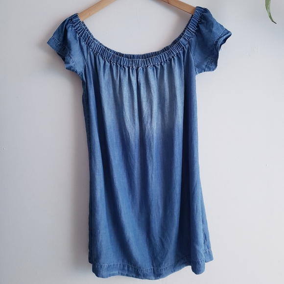 Anthro Cloth & Stone Chambray Off Shoulder mini Dress Small tencel Lyocell - Picture 3 of 7